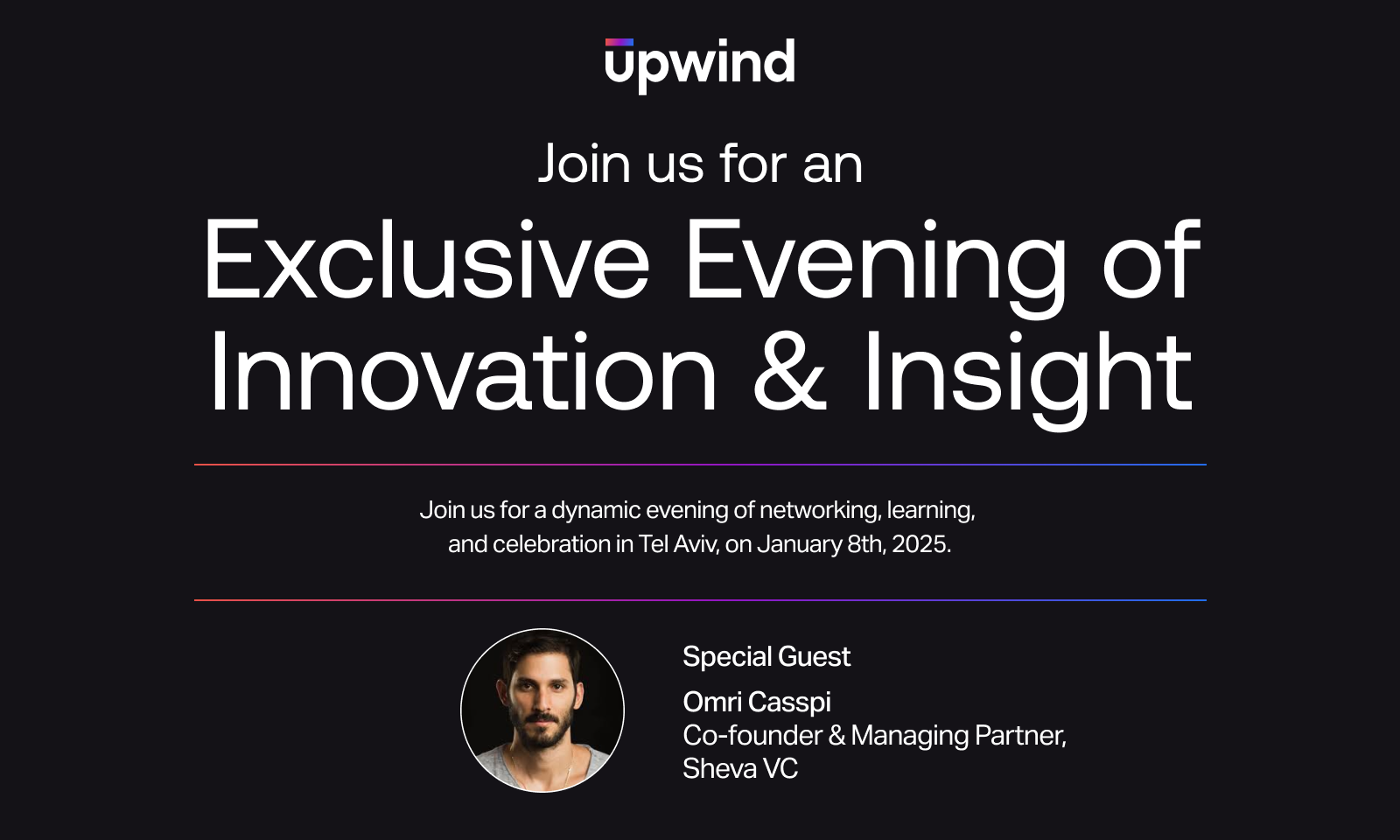 Event invitation for Exclusive Evening of Innovation & Insight hosted by Upwind in Tel Aviv on January 8th, 2025. Special guest is Omri Casspi, Co-founder & Managing Partner at Sheva VC. Includes text on networking, learning, and celebration.